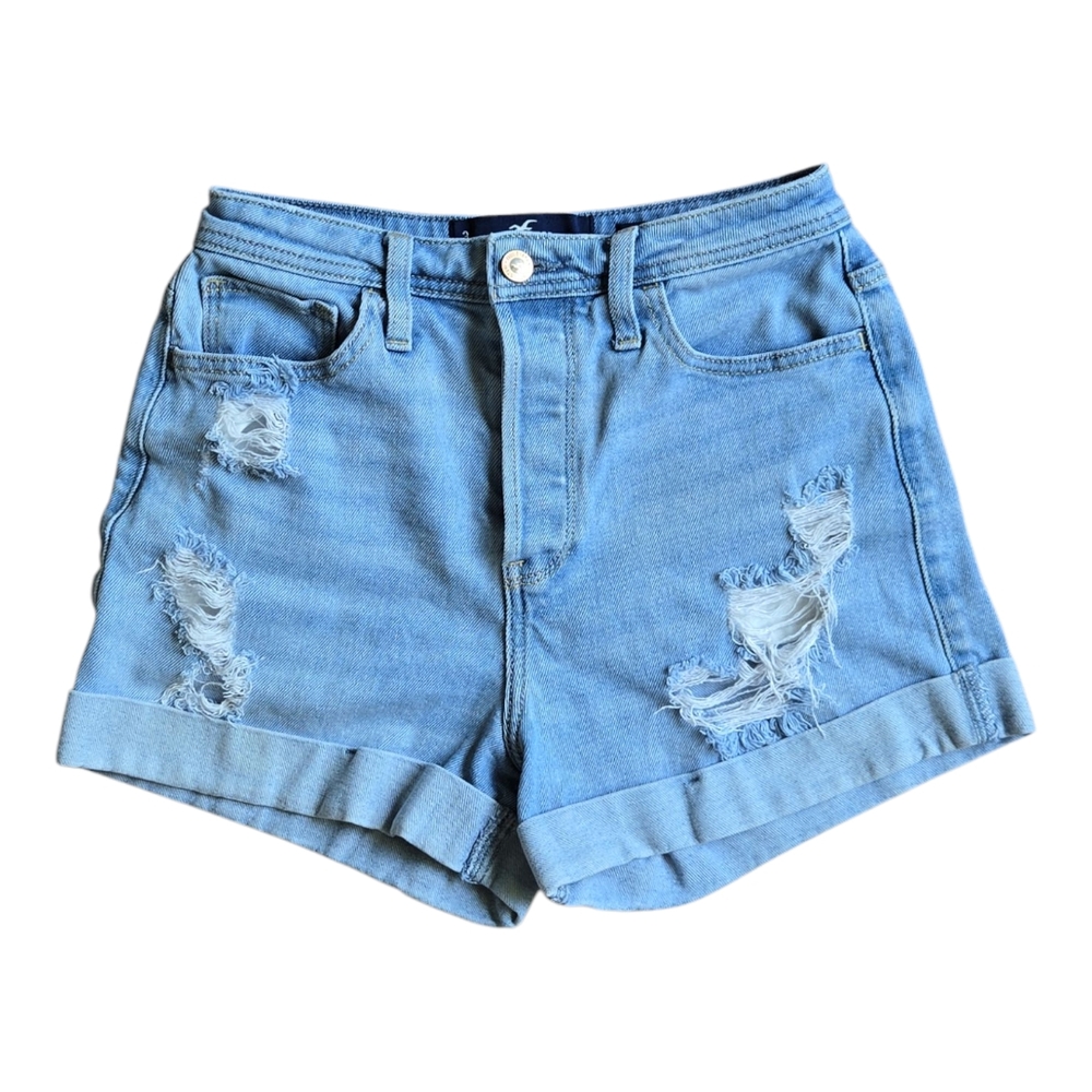 Hollister Ultra High-Rise Mom Distressed Light Blue Denim Shorts